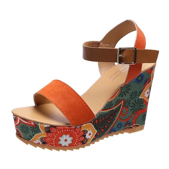 Orange Buckle Retro Floral Wedge Platform Heel Shoes - Picture 4 of 10